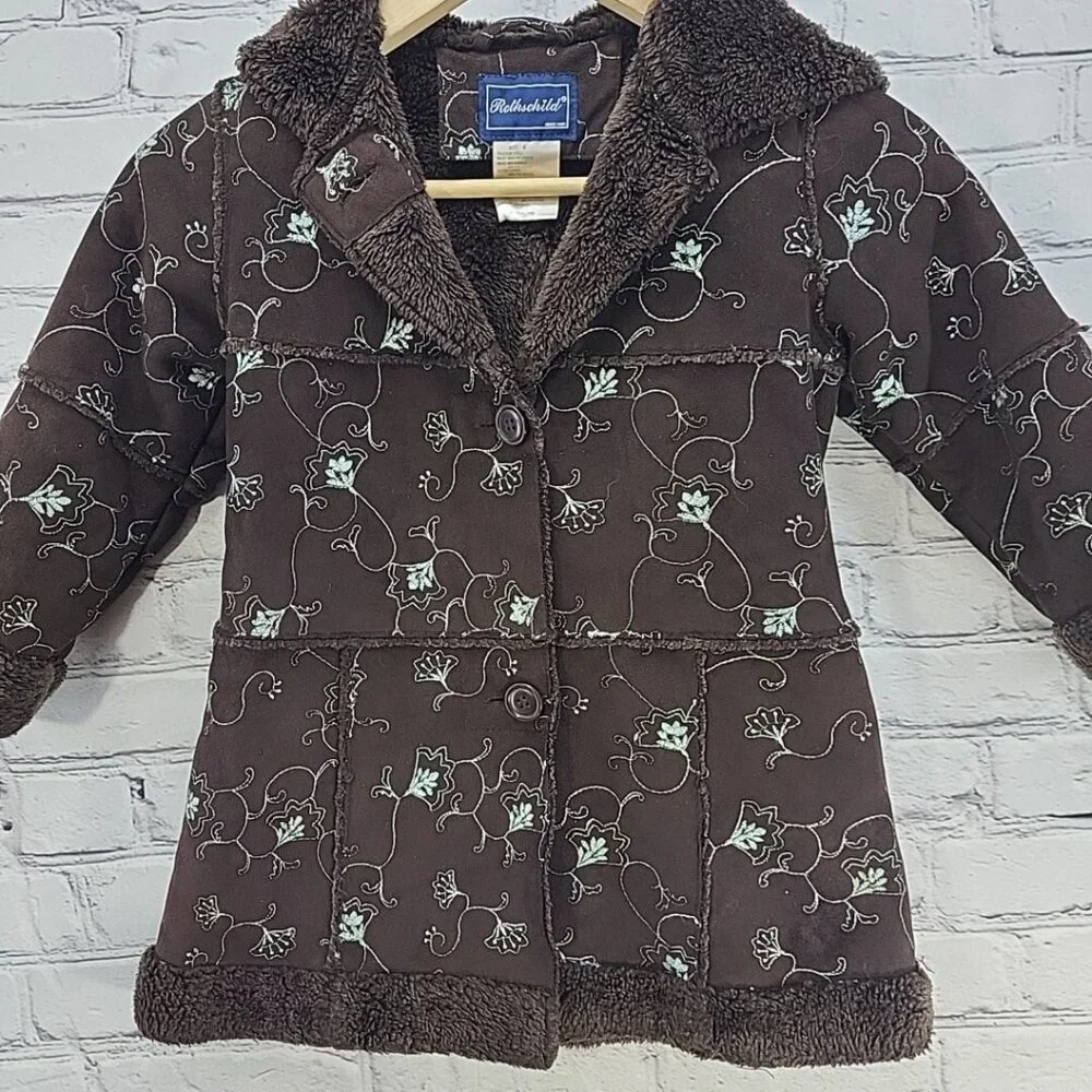 Rothschild Coat Girls Sz 4 Brown Faux Suede Embroidered Sherpa Lined‎
